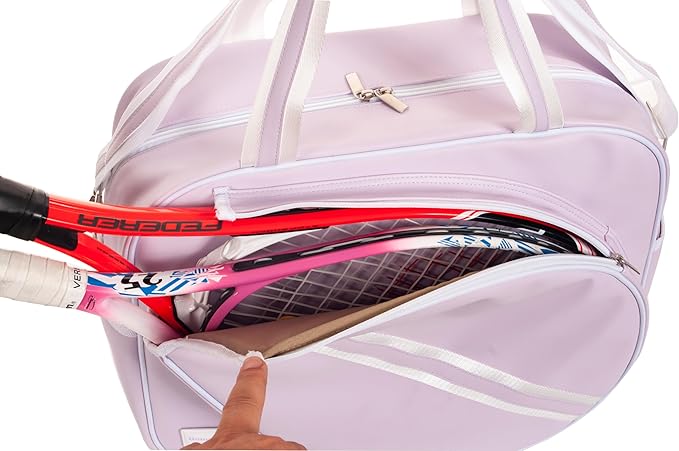 Purple PU Leather Women Large Sports Handbag Tennis Racket Shoulder Bag Tennis Tote Bag for 2 Rackets, with Water Bottle Holder