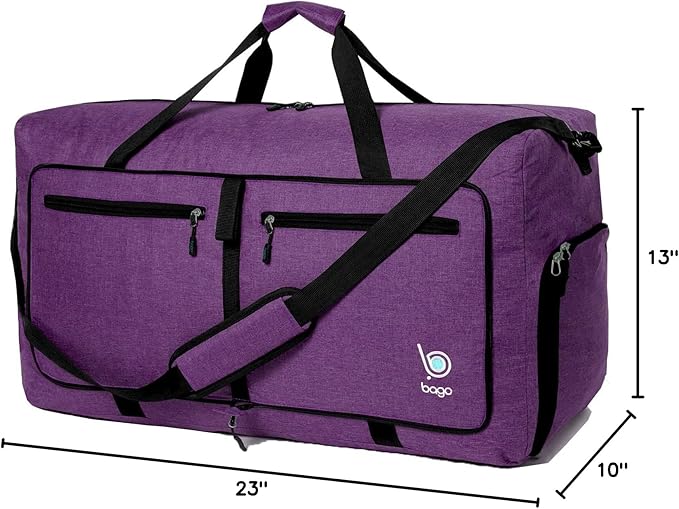 Bago Foldable Duffel Bags for Traveling Women & Men - 60L Medium Packable Duffle Bag for Travel with Shoe Compartment - Water Repellant, Heavy Duty, Lightweight Folding & Collapsible (SnowDepPurple)