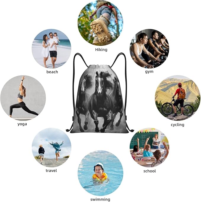 Black And White Horses Pattern Drawstring Backpack Bag - Sports Gym Sack For Women Men