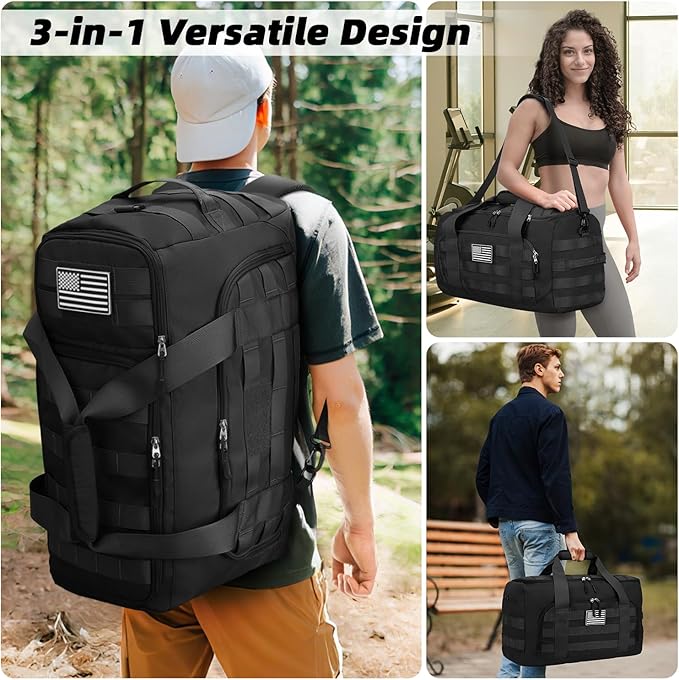 ZOMFELT Tactical Gym Bags for Men, 52L Travel Duffle Bag with Removable Dividers & Innovative Shoe Compartment, 3-in-1 Waterproof MOLLE Gym Duffel Backpack, Airplane Carry-On Approved, Black
