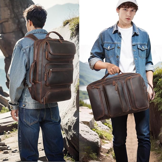 TIDING Full Grain Leather 17.3 Inch Laptop Backpack for Men, Convertible Business Briefcase Weekender Camping Bag Travel Rucksack