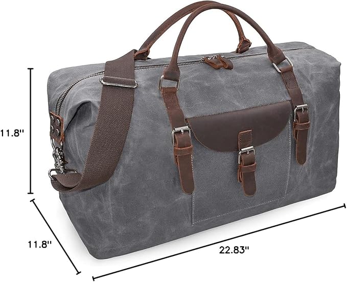Oversized Travel Duffel Bag Waterproof Canvas Genuine Leather Weekend bag Weekender Overnight Carryon Hand Bag Grey
