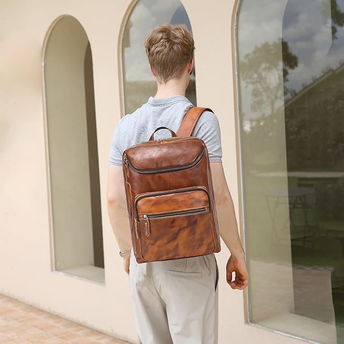 LANNSYNE Vegetable Tanned Leather Backpack For Men, 15.6" Leather Laptop Backpack Hiking Travel Bag Camping Rucksack