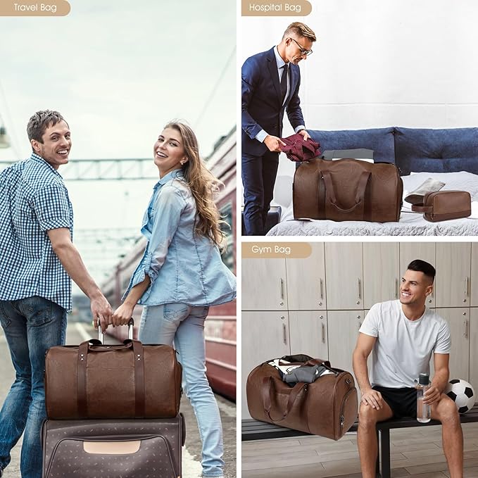 Wogarl 3PCS Faux Leather Weekender Bag for Women Men Large Overnight Travel Duffel Bags with Shoe Compartment Toiletry Packing Cube Carry On Duffle Fit 21" Laptop(Coffee)