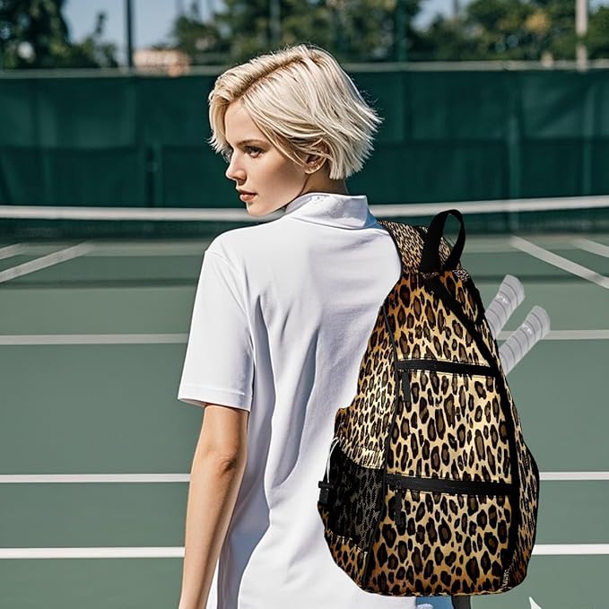 Brown Leopard Print Premium Nylon Pickleball Backpack, 3-in-1 Convertible Shoulder Crossbody Sling Bag for Women Men, Lightweight Bag Fits 2-4 Pickleball Paddles & Tennis Sports Gear