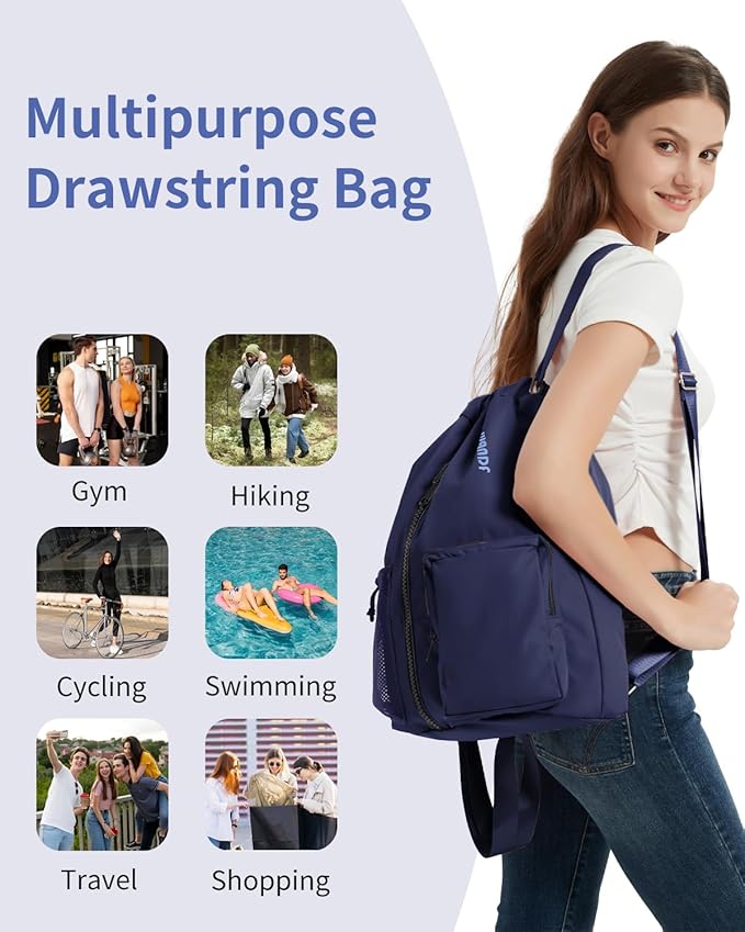WANDF Drawstring Backpack Sports Gym Bag with Shoes Compartment, Water-Resistant String Beach Sackpack Swim Bag for Women and Men (Navy Blue)