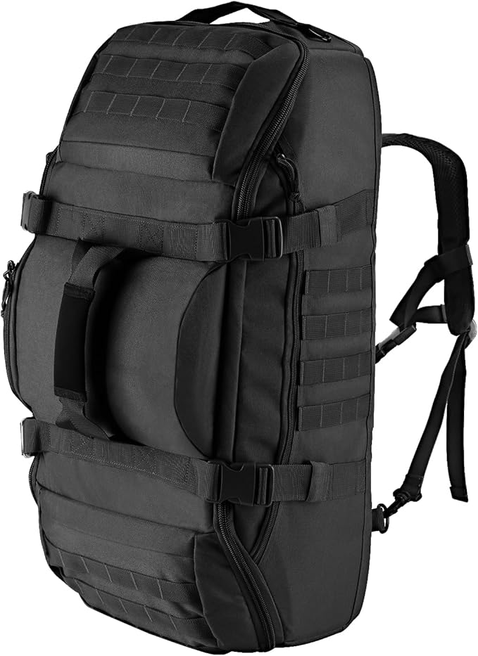 65L Large Duffle Bag, 3-in-1 Tactical Backpack MOLLE Pack for Workout, Sports, Gym, Outdoor, Black Red Patch