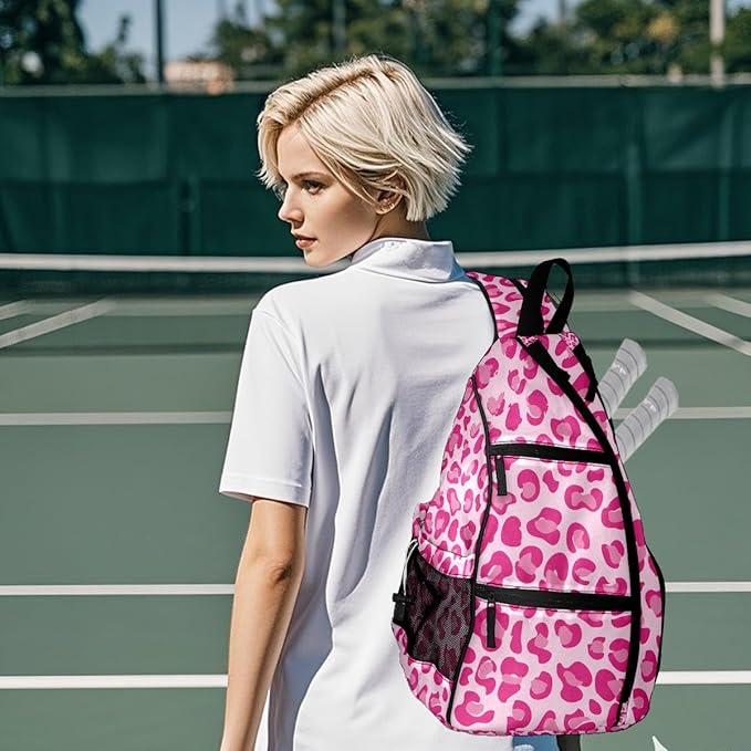 Pickleball Bag Pink Leopard Print Pickle Ball Backpack for Women Men Premium Lightweight Crossbody Sling Bag Sports Backpack for Pickleball Paddle Tennis