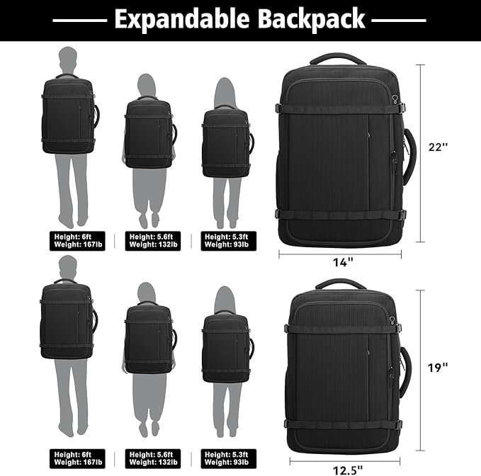 Carry On Backpack,Expandable Travel Backpack 50-60L Large Capacity with USB Cable Port Fits18.4 Inch Laptop,Water Resistant Weekender Backpack for Men Women Business College Hiking Commuting,Black