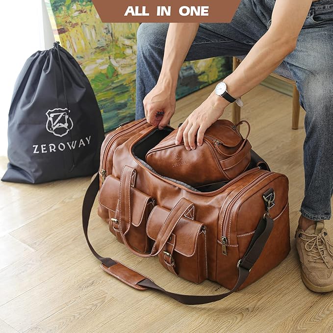 Zeroway PU Leather Travel Duffel Bag with Toiletry Dopp Kit and Laundry Bag, Weekender Overnight bag Luggage Carry-On Bag with Shoe Pouch for Men or Women Brown