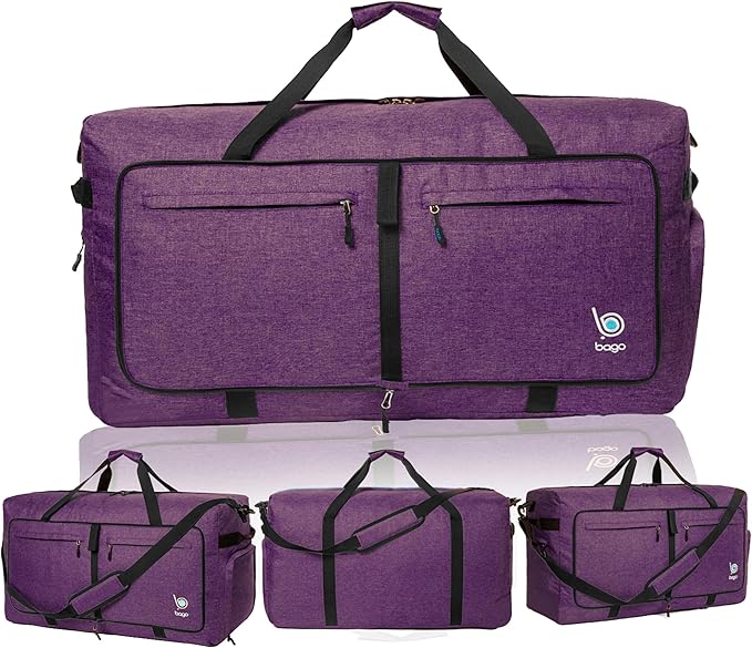 Bago Large Foldable Duffel Bags for Traveling Women & Men - 100L Packable Duffle Bag for Travel with Shoe Compartment - Water Repellant, Heavy Duty, Lightweight Folding & Collapsible (SnowDepPurple)