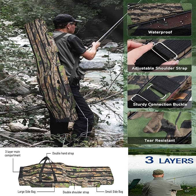 3 Layers Fishing Pole Bag,Portable 3 Layers Oxford Folding Rod Carry Case,Fishing Reel Tackle Storage Bag Case