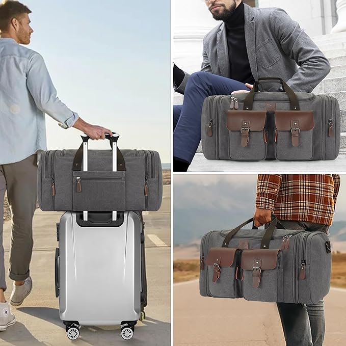 Canvas Duffle Bag for Men 50L Travel Duffel Bags Expandable Genuine Leather Duffel Overnight Weekender Carry On Bag Two Zipper Pockets Travel Bag (Grey, Large-50L)