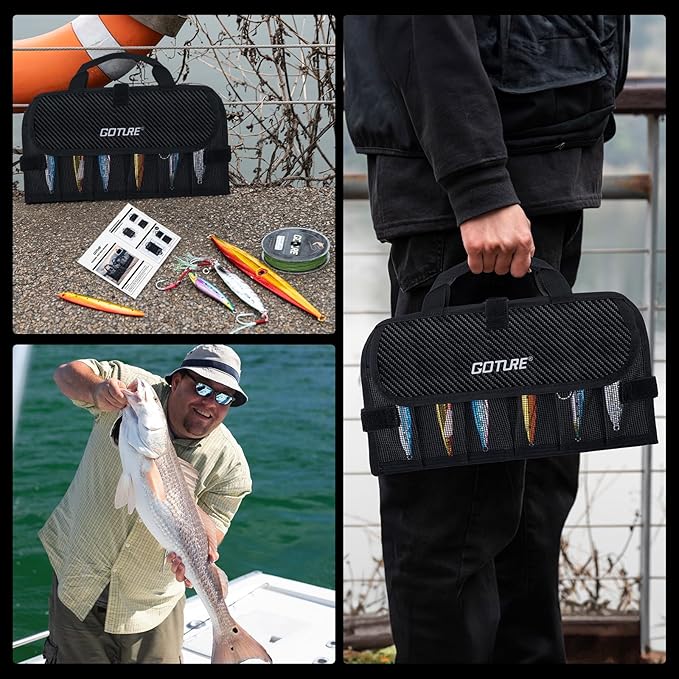 Goture Fishing Jig Bag,20 Mesh Pockets Portable Water-Resistant 600D PU Fishinig Lure Bag Saltwater Freshwater Suitable For Max 5.7" Length Vertical Jig Slow Pitch Jigging Bait Storage (12.99"x7.09")