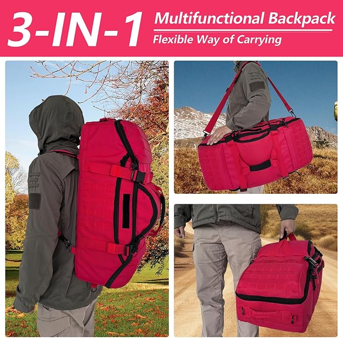 55L Large Duffle Bag, 3-in-1 Tactical Backpack MOLLE Pack for Sports, Gym, Outdoor, Red