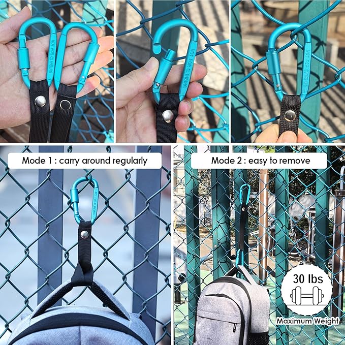 Bag Hook for Fence, Aluminum Alloy Carabiner Strap for Hanging Baseball Softball Pickleball Tennis Bags (Cyan 2)