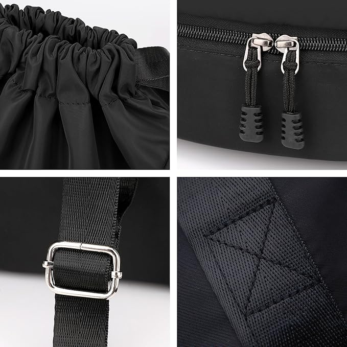 Sport Gym Bag Drawstring Backpack Beach Bag for Men Women with Shoe Compartment and Reflective Strips (Black)