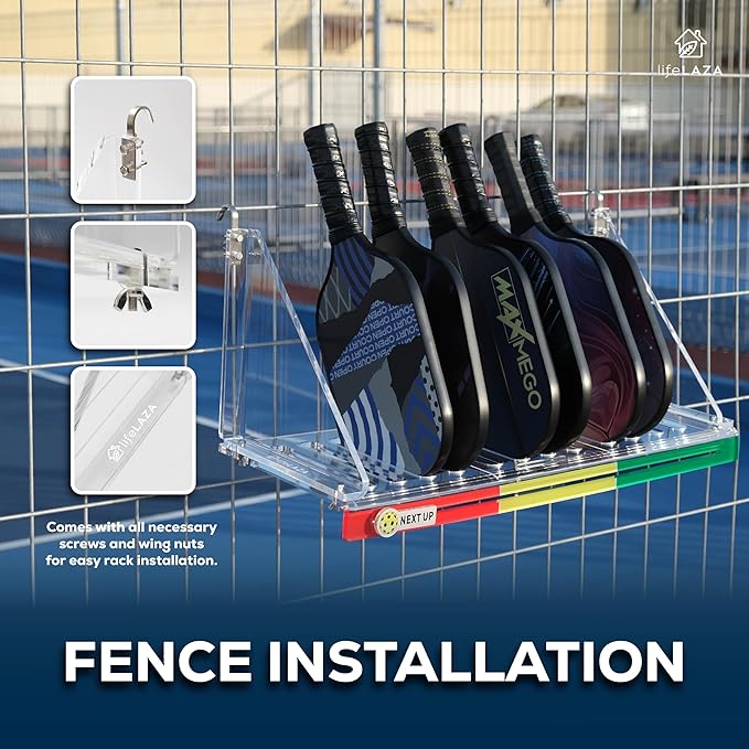 LifeLAZA Acrylic Pickleball Paddle Rack, Premium Pickleball Paddle Holder Holds 12 Paddles, Next Up Slider Tracker Rotation Rack Paddle Up System, Fence Mount Racket Rack Holder