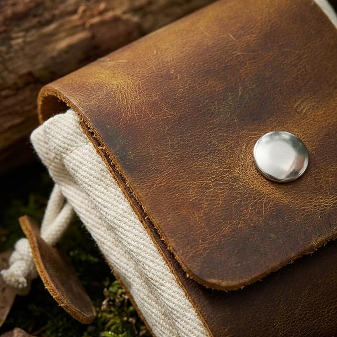 Toprank Leather Foraging Pouch – Collapsible Canvas and Leather Belt Bag for Hiking, Mushroom, Rock & Shell Collecting (Camel/Off-White)