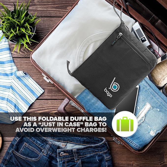 Bago Foldable Duffel Bags for Traveling Women & Men - 40L Sports Packable Duffle Bag for Travel with Shoe Compartment - Water Repellant, Heavy Duty, Lightweight Folding & Collapsible (Black)