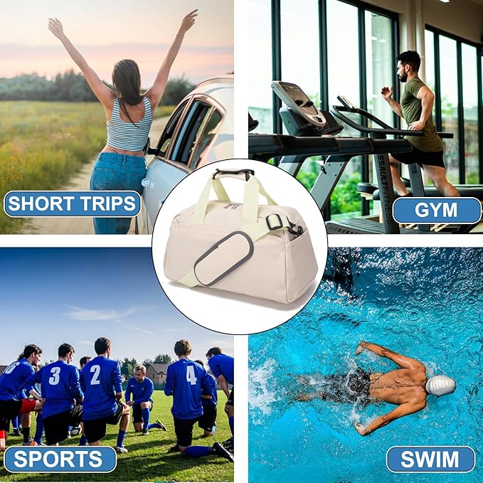 14 inch Small Gym Bag for Women & Men, Mini Duffel Bag for Travel Sports Lightweight Carry On Bag (Beige)