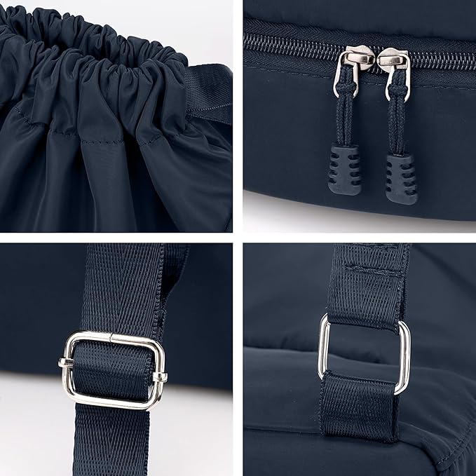 Sport Gym Bag Drawstring Backpack Beach Bag for Men Women with Shoe Compartment and Reflective Strips (Dark blue)