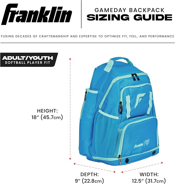 Franklin Sports USA SB Gameday Fastpitch-Softball Backpack – Adult +Youth Softball + Baseball Equipment + Bat Bag – Stores Batting Gloves, Helmet, Cleats - Waterproof Premium Batpack