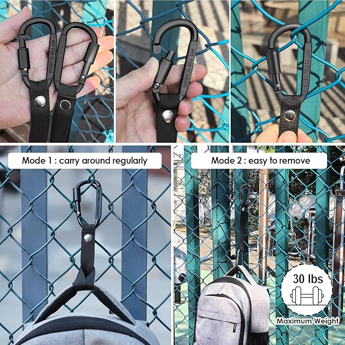 Bag Hook for Fence, Aluminum Alloy Carabiner Strap for Hanging Baseball Softball Pickleball Tennis Bags (Black 2)