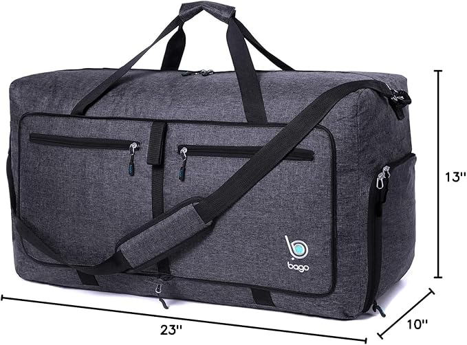 Bago Foldable Duffel Bags for Traveling Women & Men - 60L Medium Packable Duffle Bag for Travel with Shoe Compartment - Water Repellant, Heavy Duty, Lightweight Folding & Collapsible (SnowBlack)