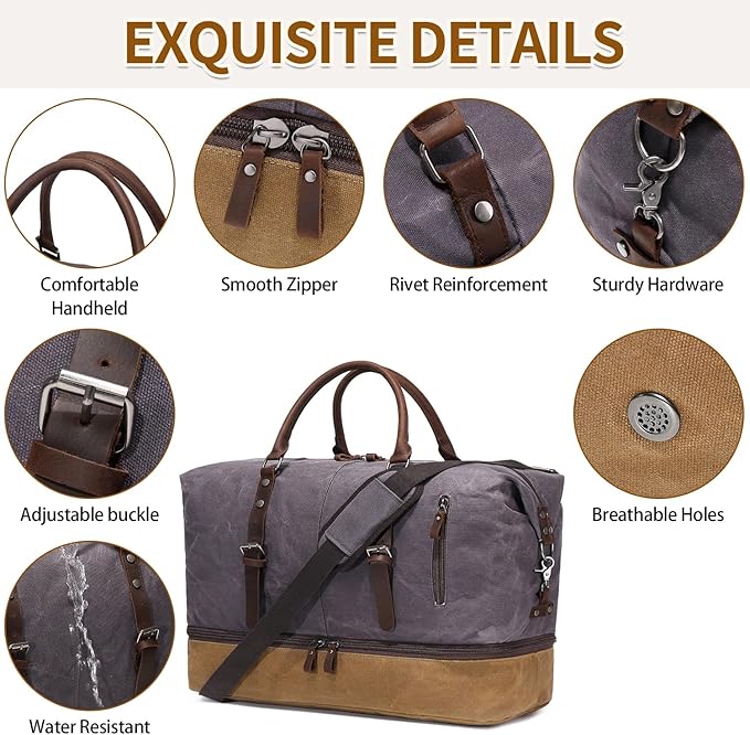 FENGDONG Weekender Bag Large Overnight Bag for Men Women Tote with Shoe Compartment Canvas Carry on Luggage Bag Travel Duffel Bag Gray