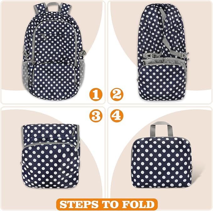 ZOMAKE Lightweight Packable Backpack 30L, Foldable Hiking Backpacks Water Resistant Compact Folding Daypack for Travel(Navy Blue,White polka dots)