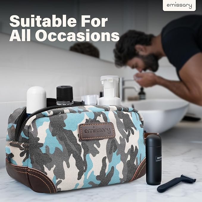 emissary Men's Toiletry Bag, Leather and Canvas Travel Toiletry Bag, Dopp Kit for Men,Bathroom Bag Men's Shaving Kit, Travel Kit Small Bags for Men, Shaving Bag for Travel (Camo-Blue)