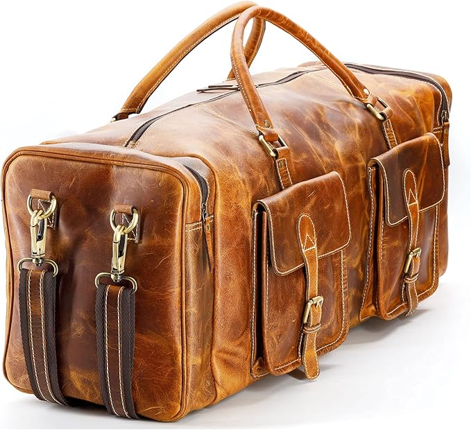KomalC 28 inch Duffel Bag Travel Sports Overnight Weekend Leather Duffle Bag for Gym Sports Cabin Holdall bag (Distressed Tan)