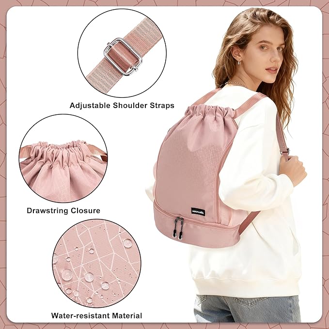 HOLYLUCK Drawstring Backpack with Shoe Compartment, Gym Bag Backpack for Women Men, Cinch Swim Beach Bag String Sports Bag for Soccer and Basketball, Pink