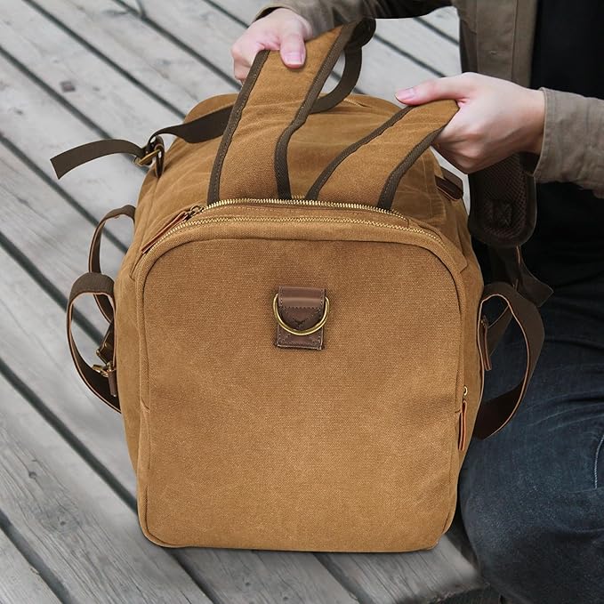 60L Travel Bags for Men, Nomad Canvas Duffle Bag Vintage Genuine Leather Travel Duffel Bag Multifunctional Weekender Overnight Backpack with Shoes Compartment (Coffee, X Large-60L)