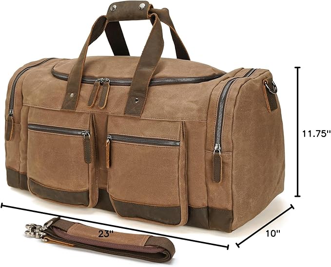 Polare 23” Waxed Canvas Cowhide Leather Waterproof Travel Duffel Bag Trim Luggage Weekender Overnight Carry on Hand Bag