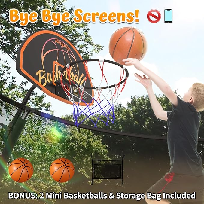 jumpfly Tranpoline 8/10/12/14/15/16FT Tranpoline Outdoor for Kids and Adults Recreational Tranpolines with Basketball Hoop, Anti-Rust Ladder, ASTM Approved