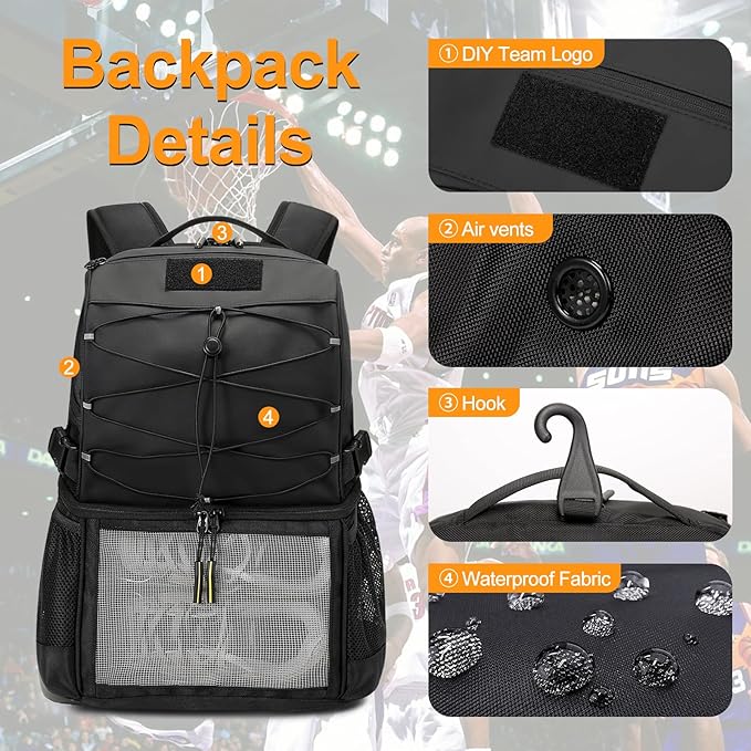 Basketball Backpack Large Sports Equipment Bag with Separate Ball & Shoes Compartment, Sports Backpack Fit Soccer Volleyball Backpack
