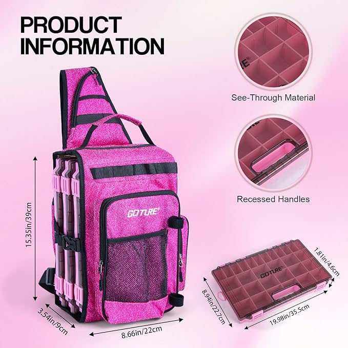 Goture Pink Fishing Rod and Reel Combo with 3700 trays - Spinning Reel Pole with Shimmering Pink Sling Bag - 8FT Telescopic Rod Kit for Starter Travel Saltwater Freshwater