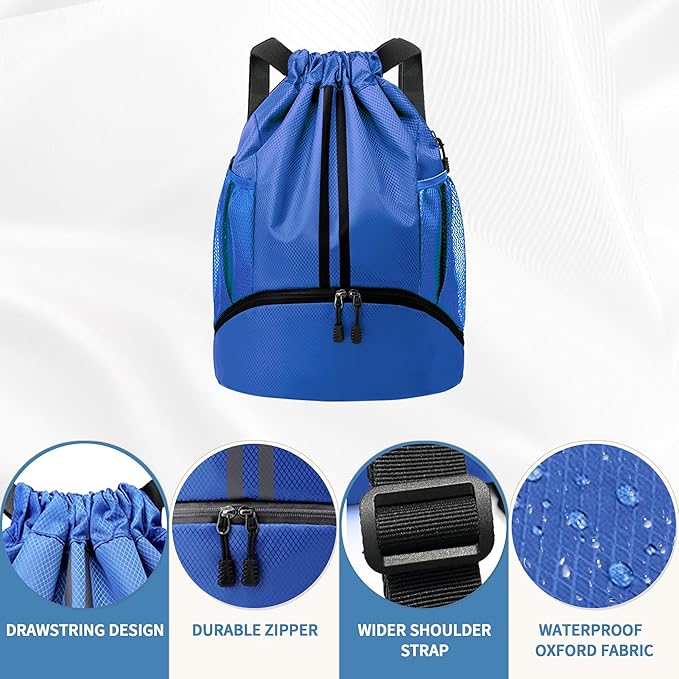 Drawstring Backpack Gym Bag with Shoes Compartment for Soccer, Basketball, Swim, Water-Resistant String Backpack Beach Cinch for Women Men, Blue, Medium