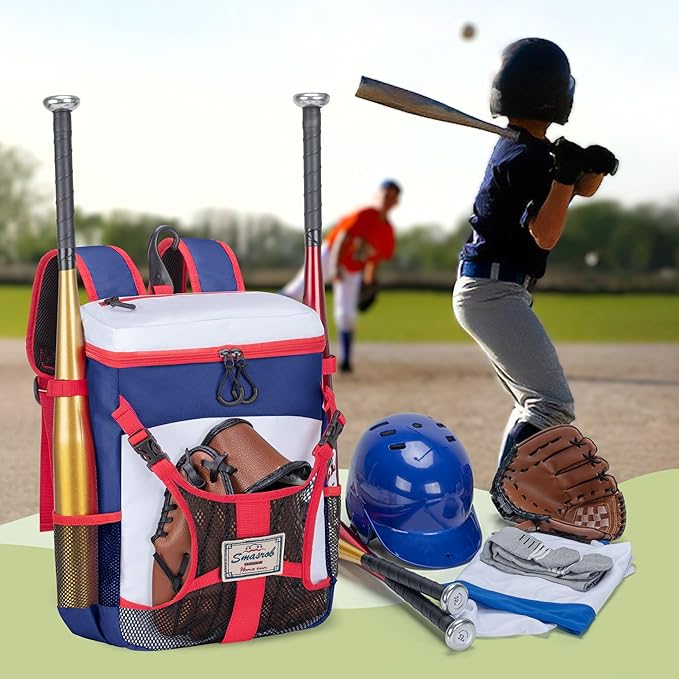 Youth Baseball Bag for T Ball, Rec and Travel Ball, Softball Bag with Helmet Holder and Fence Hook