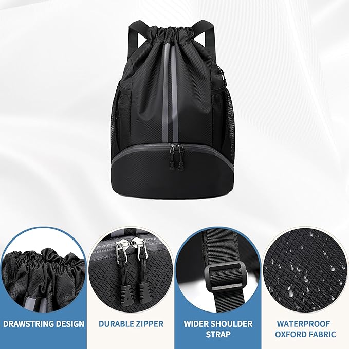 Drawstring Backpack Gym Bag with Shoes Compartment for Soccer, Basketball, Swim, Water-Resistant String Backpack Beach Cinch for Women Men, Black, Medium