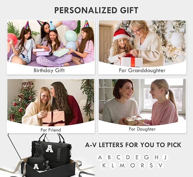 WOOMADA Initial Duffle Bag with Shoe Compartment,Personalized Weekender Bag, Overnight Bag for Women Girls, Gym Bag with Toiletry Bag