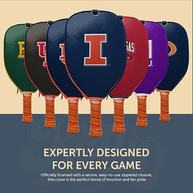 Officially Licensed Collegiate Pickleball Paddle Cover - Lightweight PU Leather Material - Durable Foam Interior Protection with Zippered Closure - Fits Most Paddles on the Market