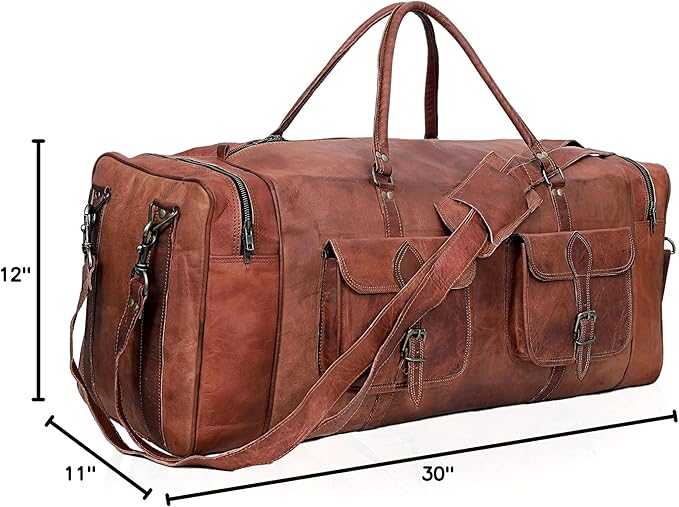Leather Duffle Bag for Men Luggage Handmade Travel Bag Carry On Luggage Weekender Bags Overnight Gym Sports Cabin Holdall Bag For Airplanes Men And Women (30 Inch Brown)