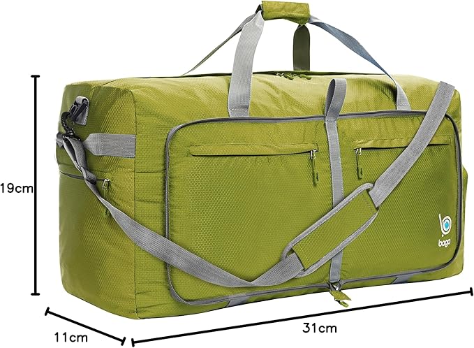 Bago Large Foldable Duffel Bags for Traveling Women & Men - 120L Packable Duffle Bag for Travel with Shoe Compartment - Water Repellant, Heavy Duty, Lightweight Folding & Collapsible (Green)