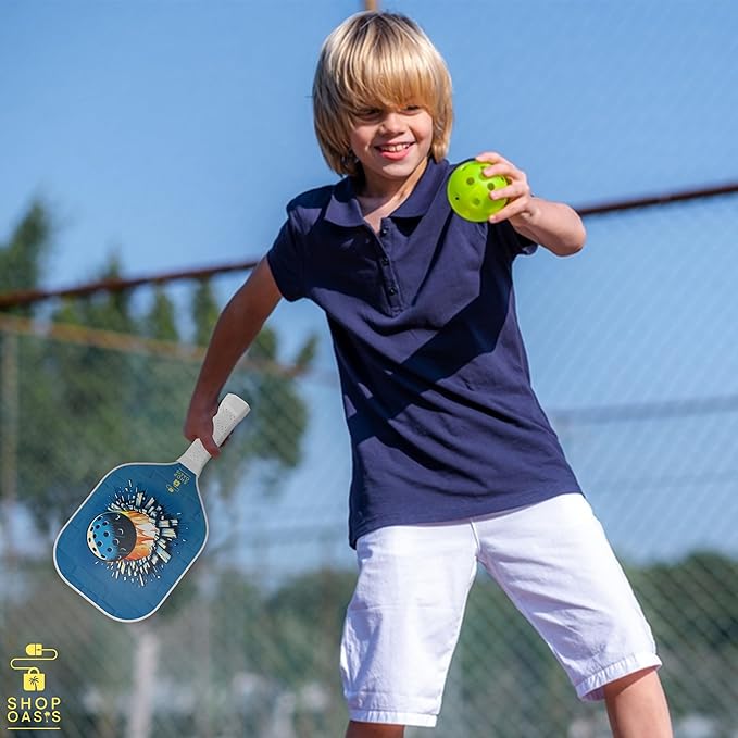 Kids Pickleball Paddles (Set of 2), Child Size Paddles, Lightweight Honeycomb Core, Fiberglass Strike Face, 2 Youth Rackets with 4 Balls and Premium Zipper Bag