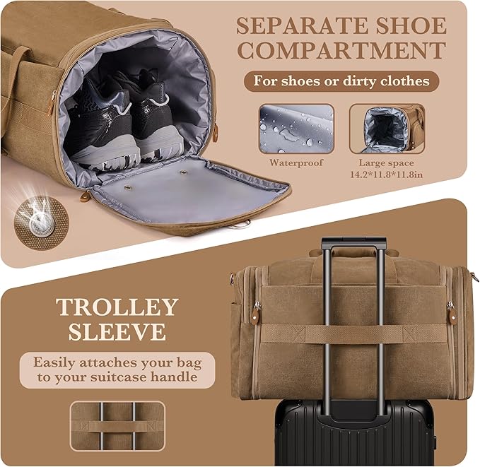 SHOWKOO Duffle Bag for Travel 60L Expandable Canvas Travel Bag Durable Vintage Weekender Overnight Carry On Bag for Men(Coffee)