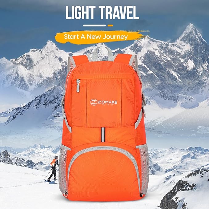 ZOMAKE Lightweight Packable Backpack 35L, Light Foldable Backpacks Water Resistant Collapsible Hiking Bag, Compact Folding Day Pack for Travel Camping(Orange) | Lightweight, Light, Foldable, Backpacks, Water Resistant, Collapsible