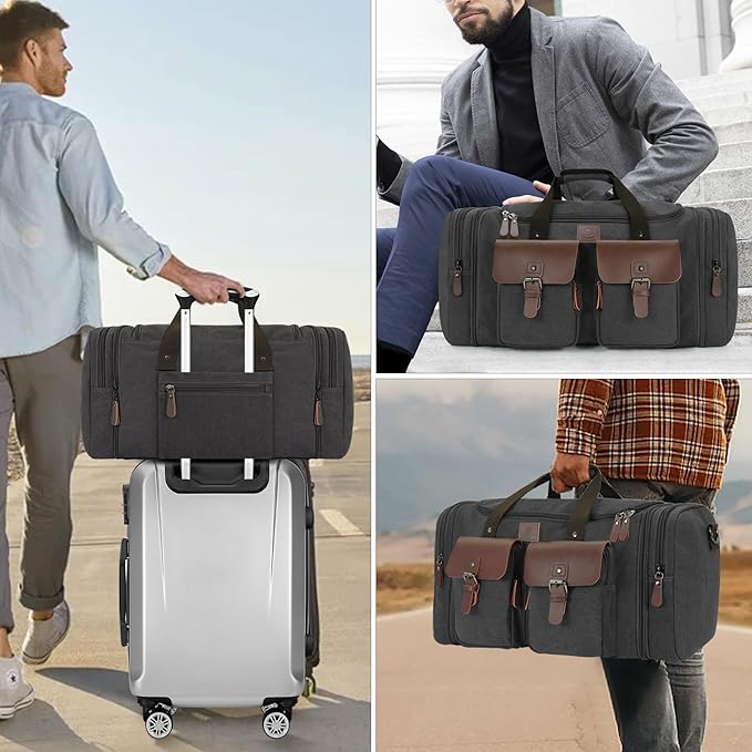 Canvas Duffle Bag for Men 50L Travel Duffel Bags Expandable Genuine Leather Overnight Weekender Carry On Bag Two Zipper Pockets Travel Bag (Black, Large-50L)